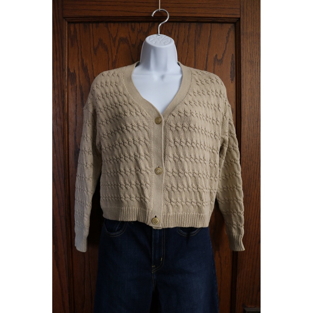 CYRUS Cable Knit Cardigan Sweater Women XS Beige Gold Button Preppy VNeck Top